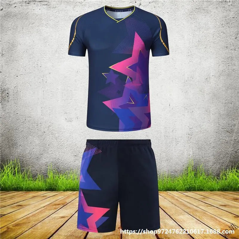 Badminton sportswear outfit with polyester fabric in multiple colour combinations including sapphire blue and purple options