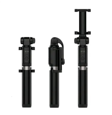 Black Bluetooth selfie stick with extended phone clamp and folded tripod legs
