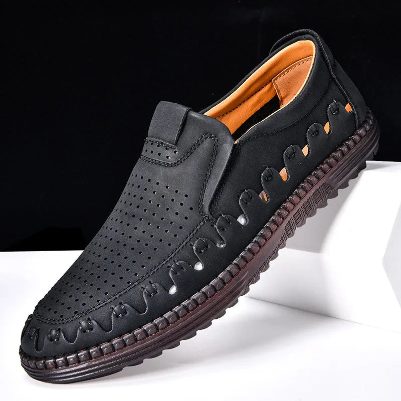 Men's brown slip-on casual shoes with round toe and flat PVC sole on a white background.