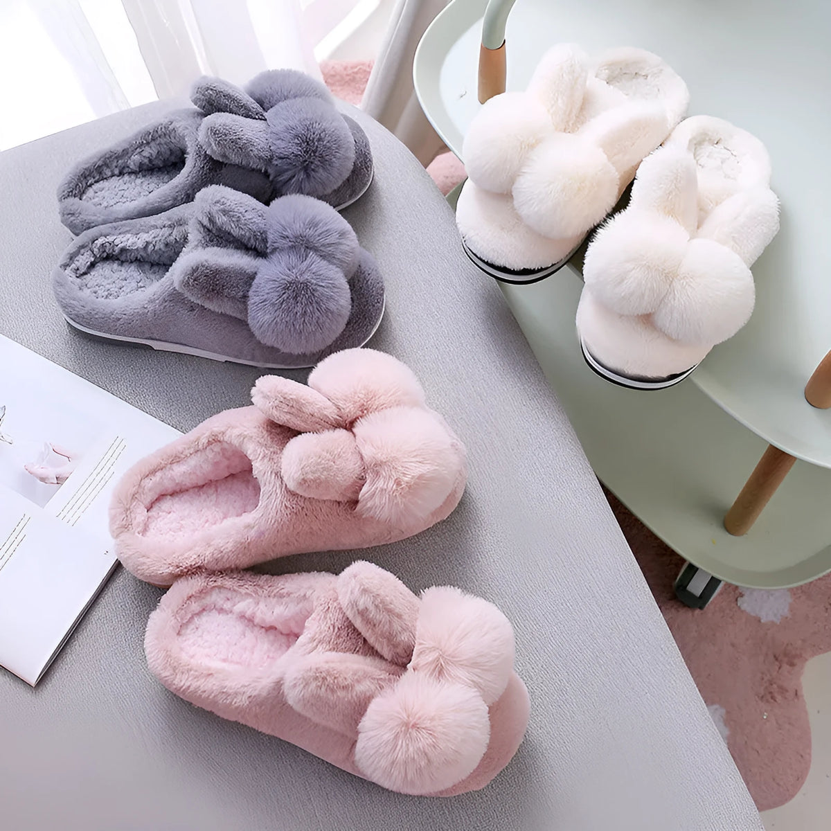 Women's high-top rabbit fur slippers in creamy white with floral detail and a sewn sole.