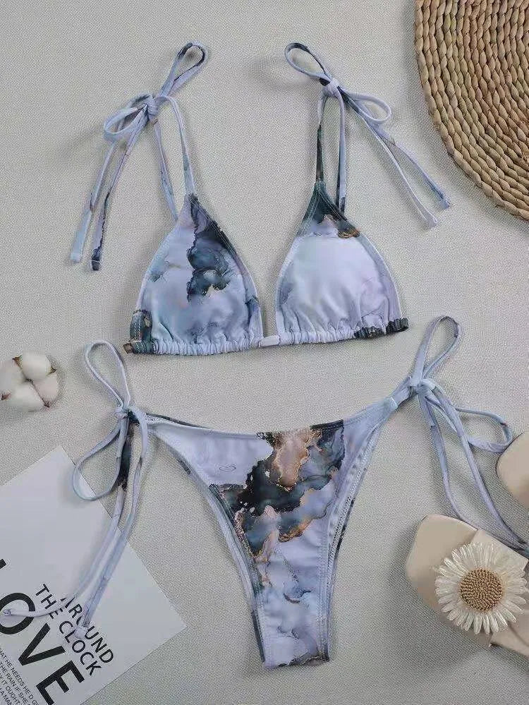 Women's high waist marble tie-dye bikini with U-neck top and separate swimwear pieces