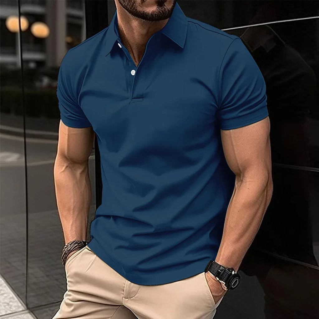 Men's short sleeve polo shirt in cotton mix fabric with button lapel collar in solid colour