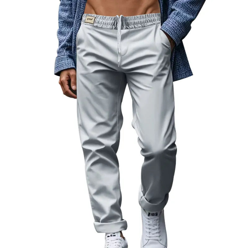 Men's loose straight casual trousers with pockets, mid waist drawstring, quick-drying polyester, seven colours