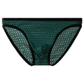 Men's low waist transparent lace underwear in multiple colours on a size chart