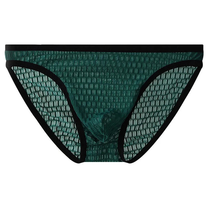 Men's low waist transparent lace underwear in multiple colours on a size chart