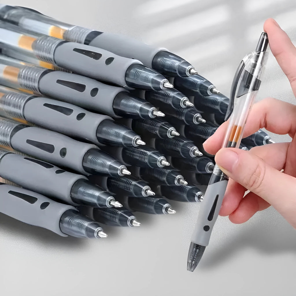 0.5mm gel pen in plastic barrel with black, blue, or red ink options