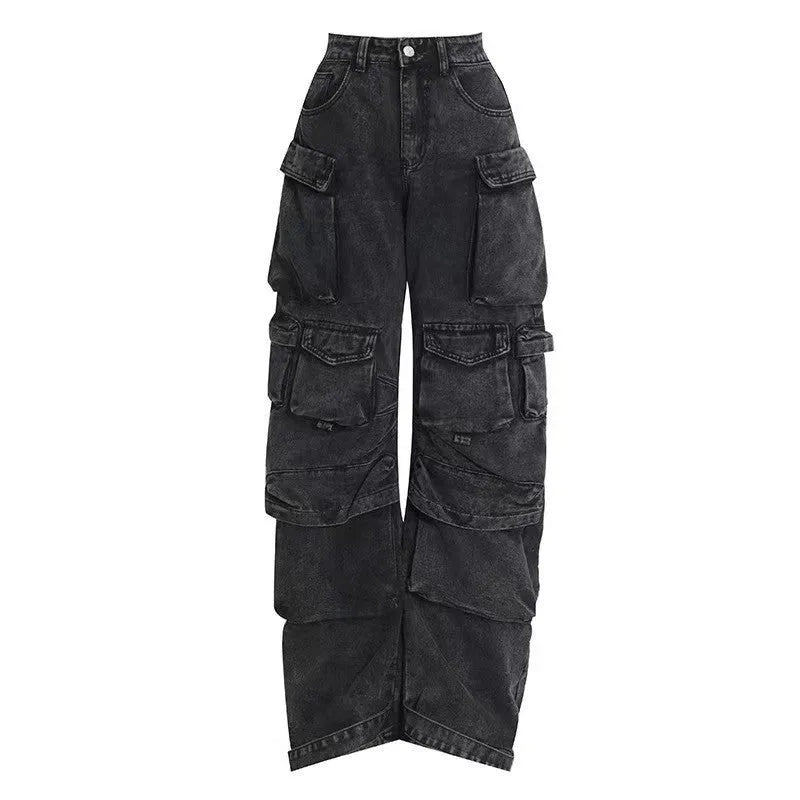 Women's high waist wide leg denim trousers with multi-pocket design in tie-dyed wash