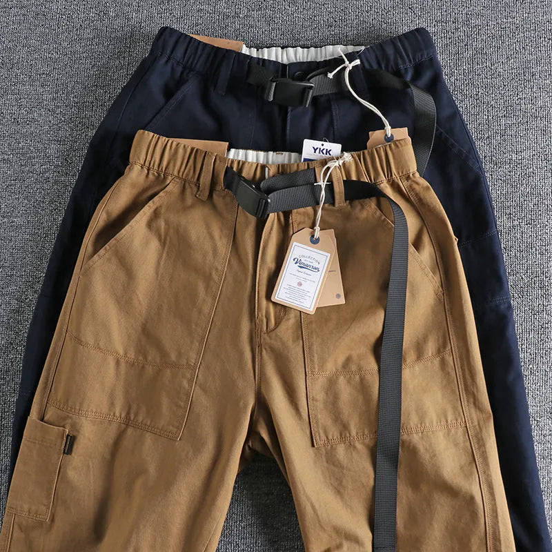 Men's cotton work trousers with 3D cut and N1 buckle belt in khaki and dark blue colours