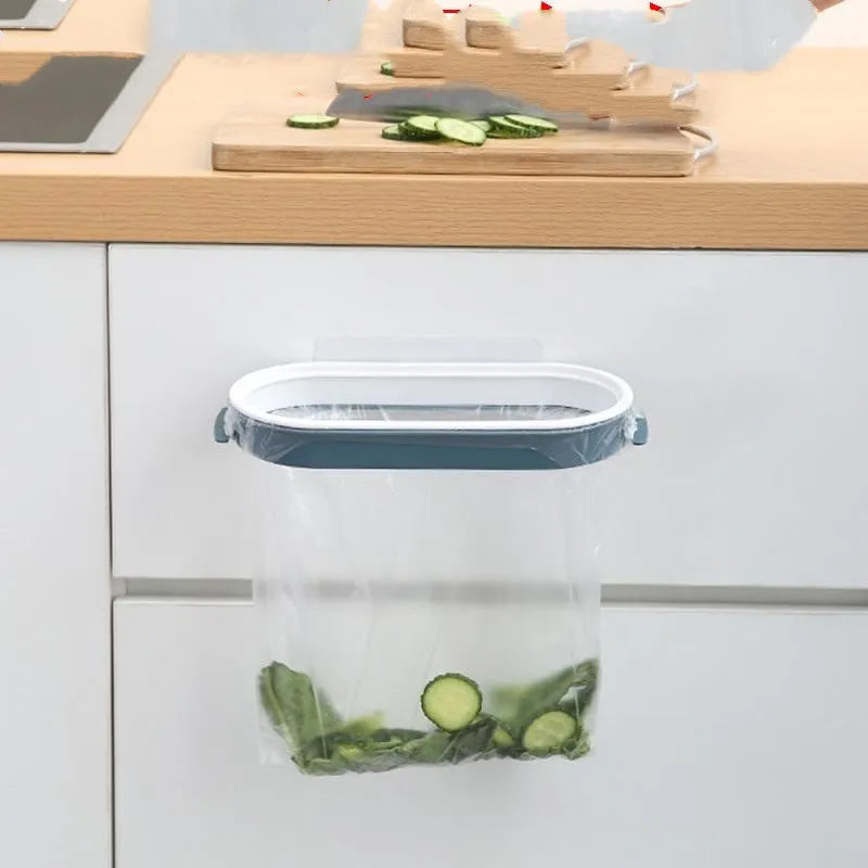 Blue plastic kitchen garbage bag storage rack for cabinet organisation