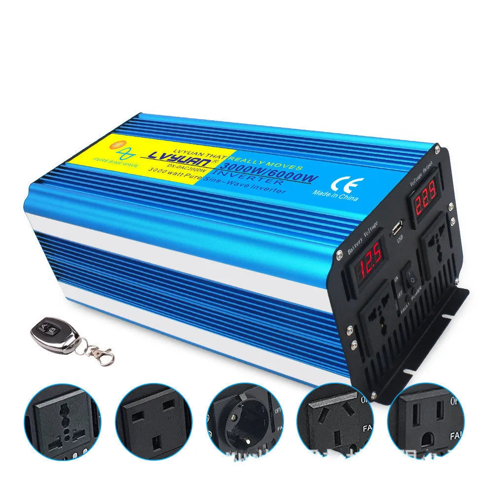 Blue 3000W 6000W dual display car power inverter with remote control and UK plug socket.