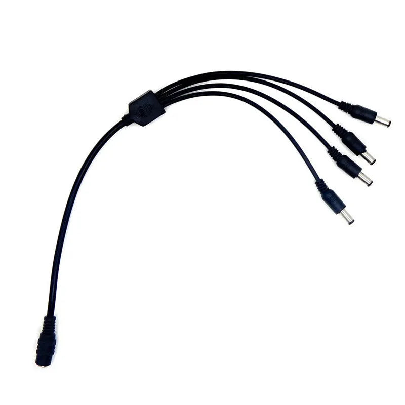 Black DC 1-to-4 monitoring power cord with 5.5mm connectors for CCTV security systems