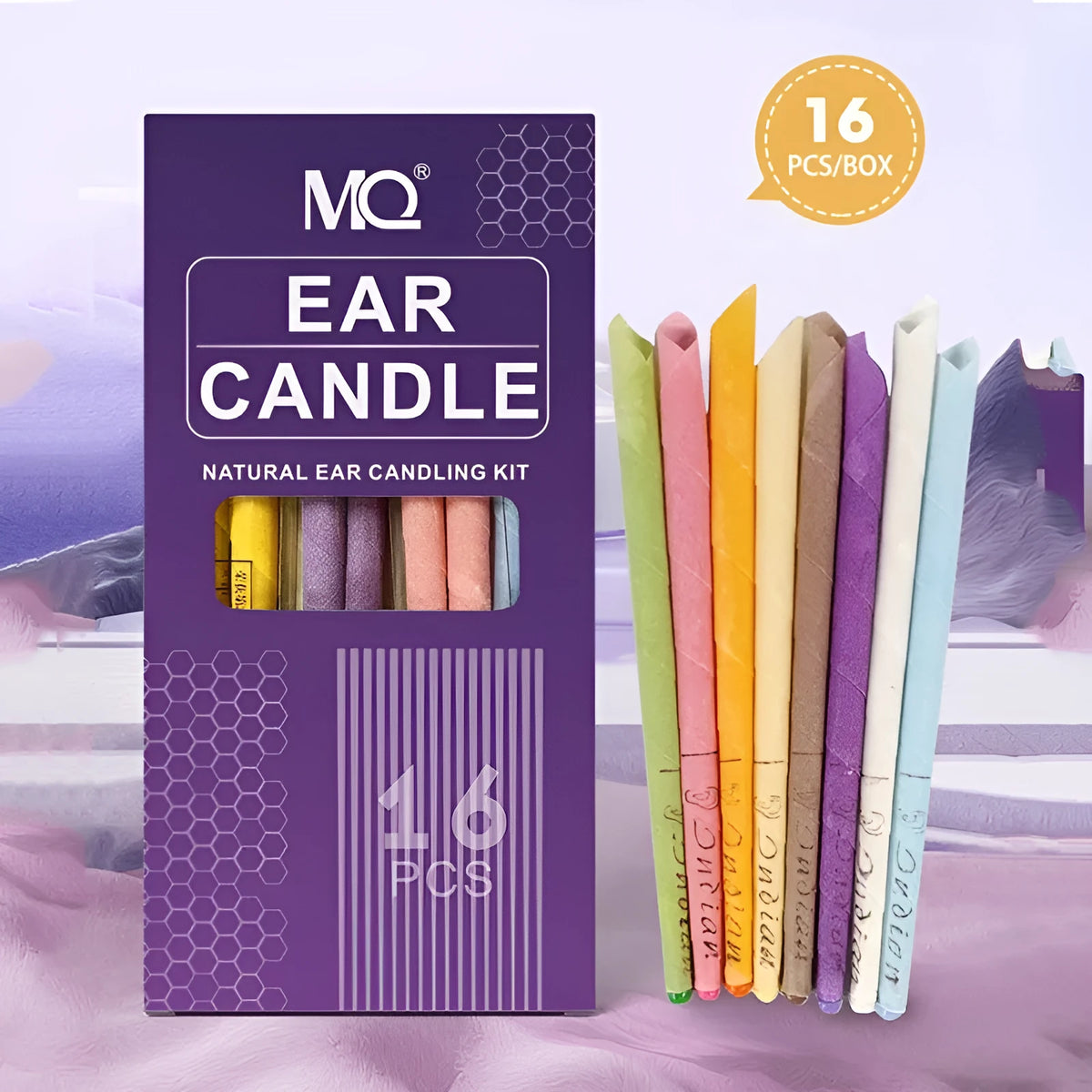 Ear candle therapy set showing 16 candles, 8 protection boards and 16 swabs for health massage