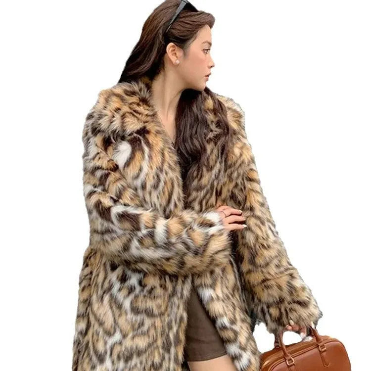 Artificial fur coat with faux fur fabric and fur collar in street fashion style