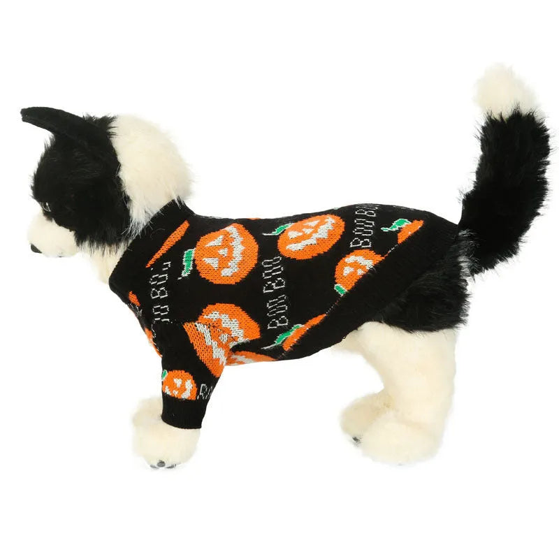 Black dog sweater with orange pumpkin pattern for Halloween in multiple sizes