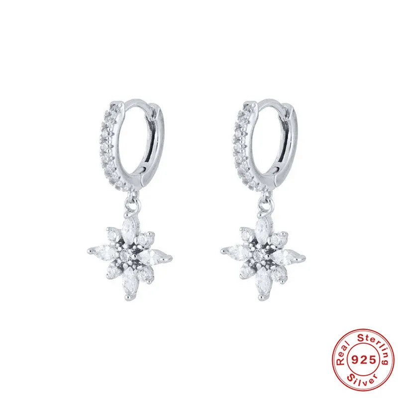 S925 sterling silver snowflake pendant earrings with gemstone inlay in yellow gold or white gold colour options