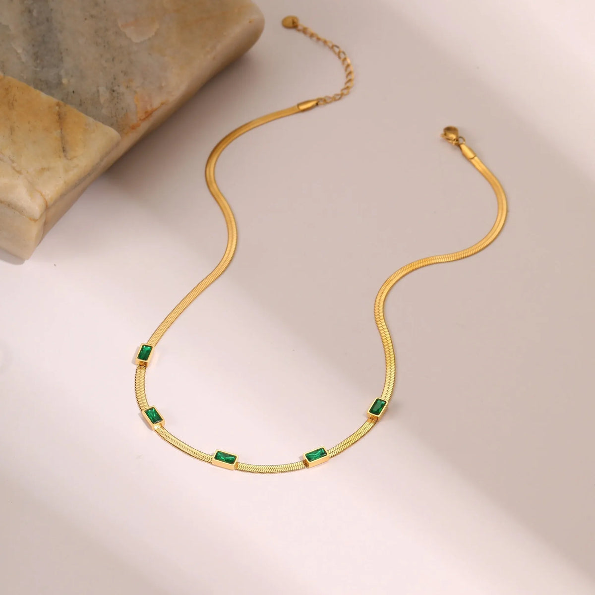 Geometric square zircon necklace on stainless steel flat snake chain with gold electroplated finish