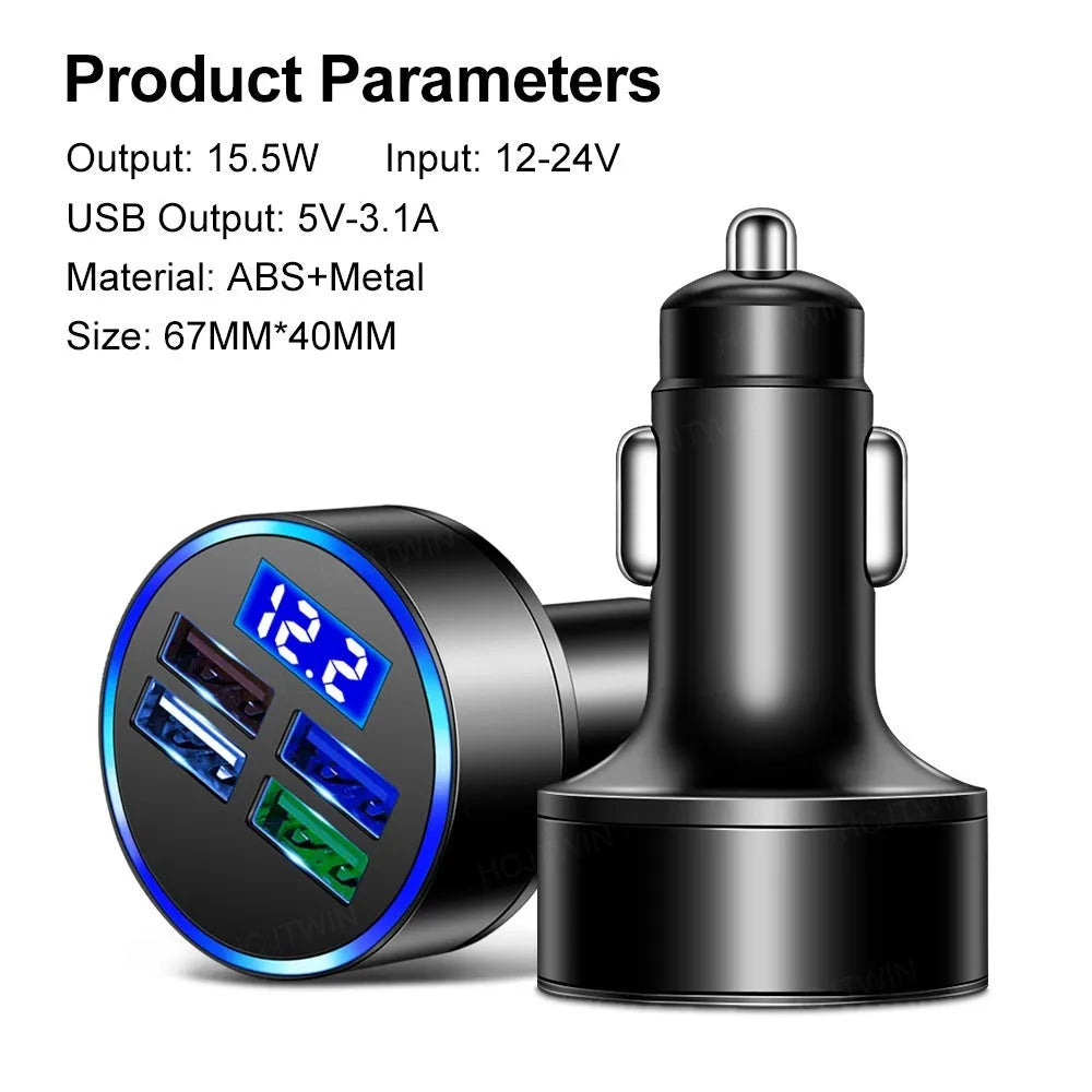 Black multi-port car charger with four USB ports for vehicle cigarette lighter socket