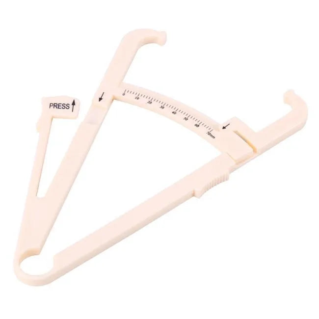Acrylic fat caliper body fat measuring instrument showing measurement scales and 200mm range