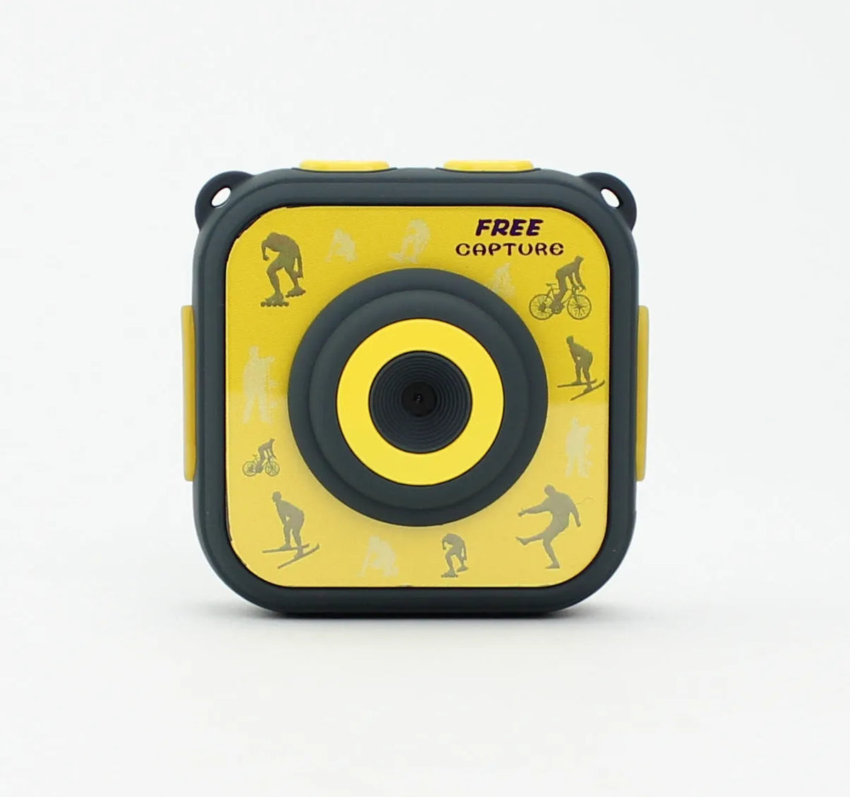Yellow children's waterproof sports camera showing front with lens and 1.77-inch screen.