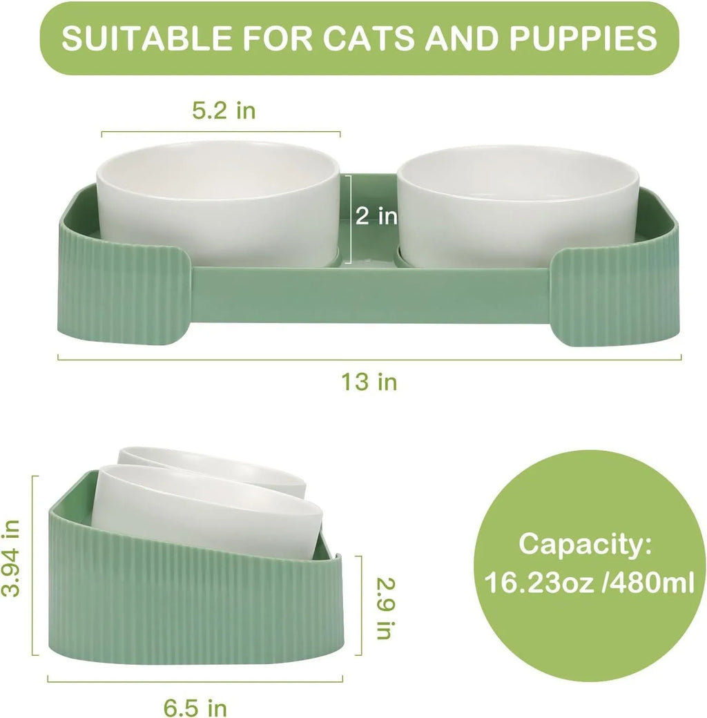 Ceramic elevated cat bowls with 15-degree tilt, non-slip base, and spill-proof rim in green colour