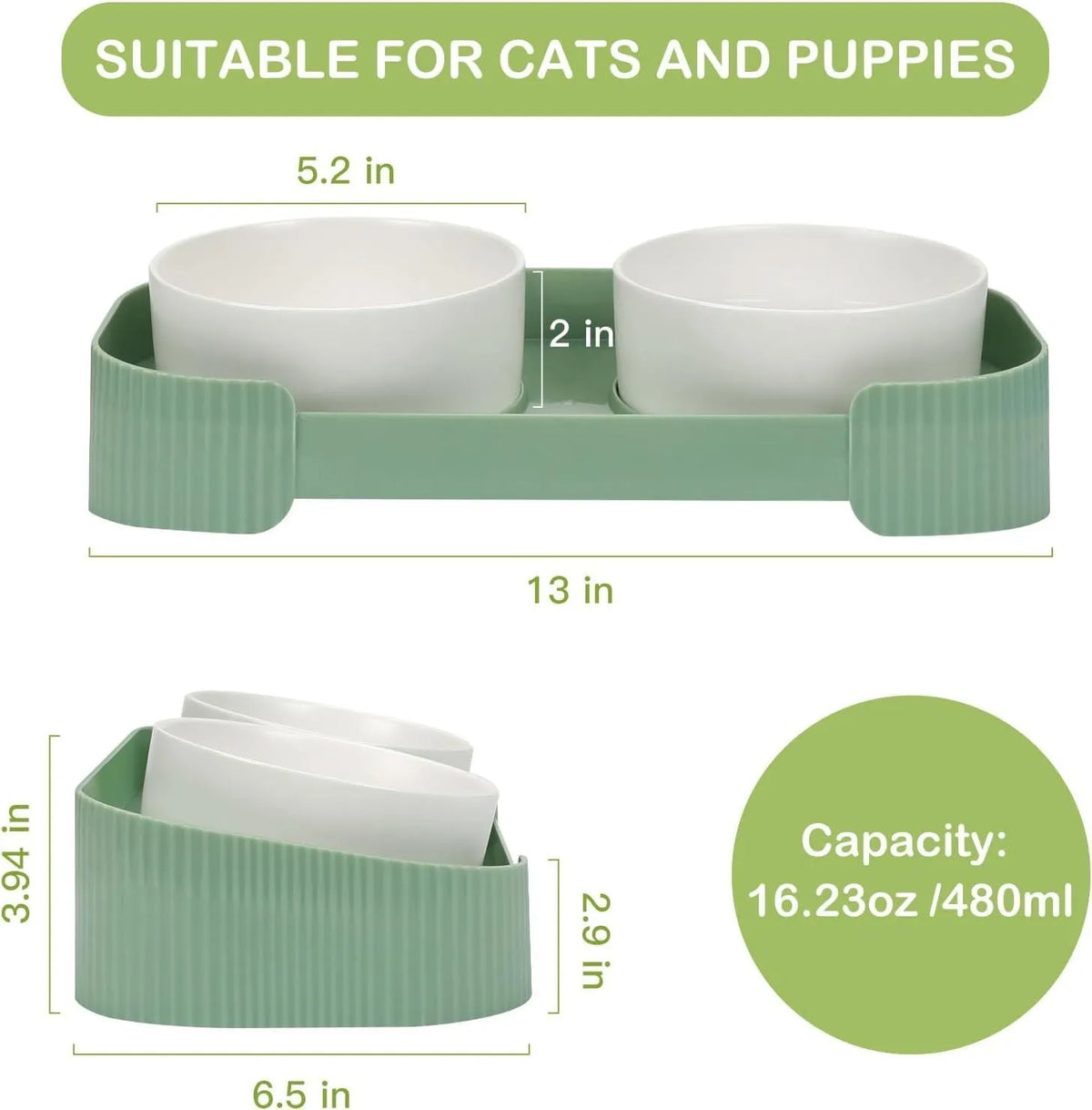 Ceramic elevated cat bowls with 15-degree tilt, non-slip base, and spill-proof rim in green colour