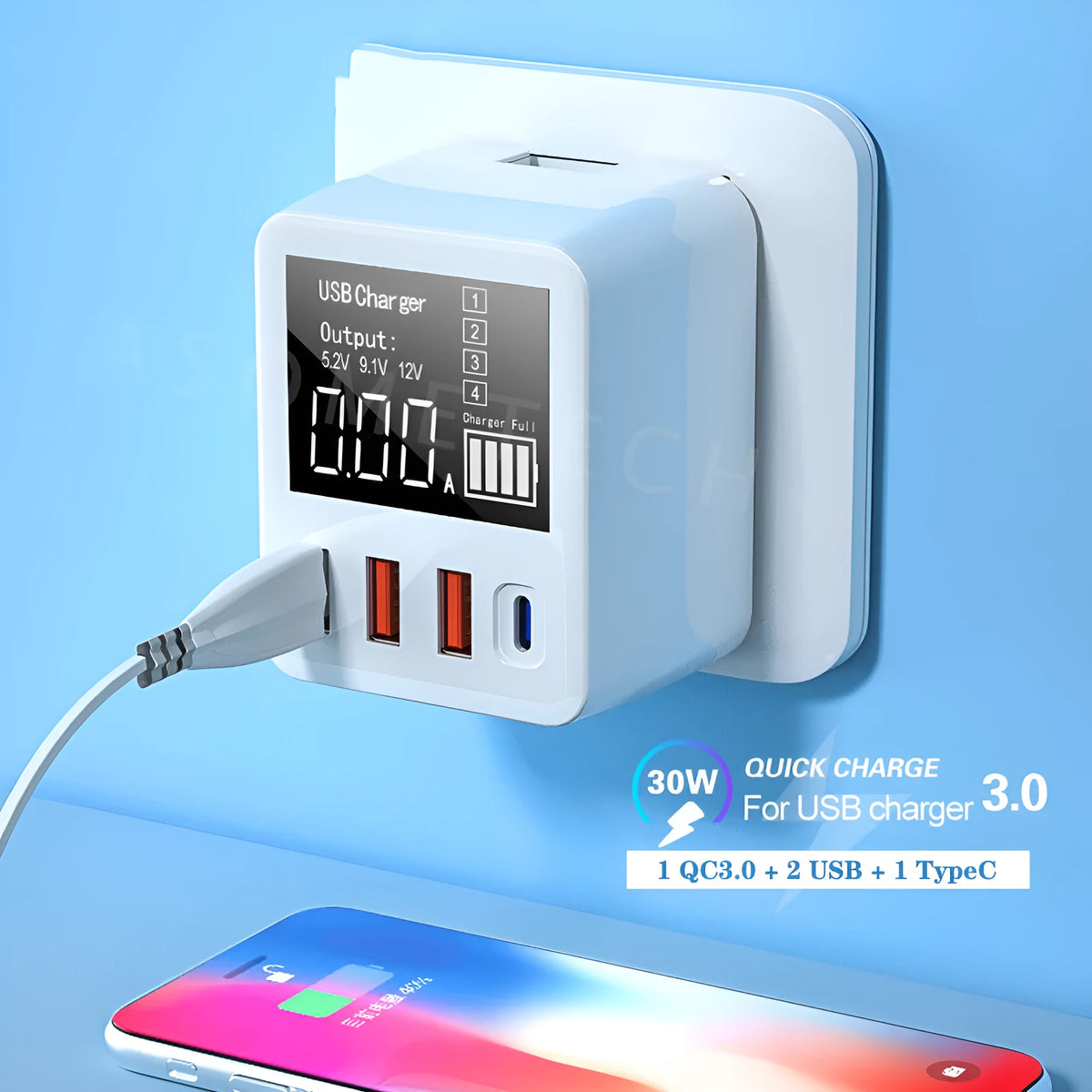 White 4-port USB travel charging head with LED display and multiple regional plug adapters