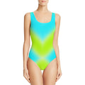 Girl's solid colour sleeveless one-piece swimsuit on a hanger, showing the digital print design.