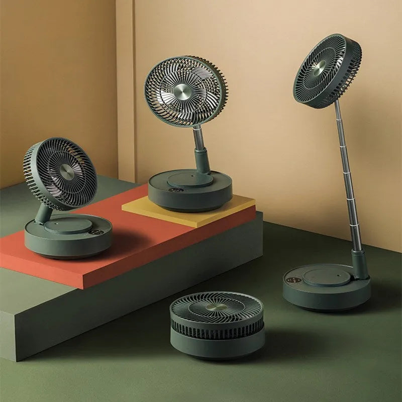 Green and white storage floor electric fan with telescopic design showing desktop and vertical configurations