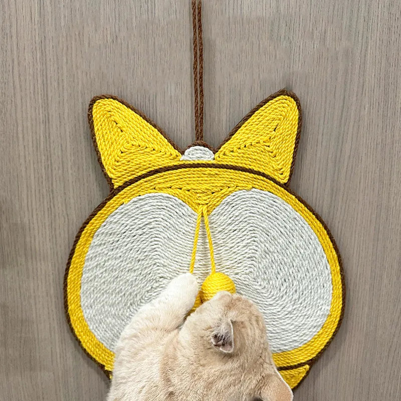 Yellow Corgi butt design cat scratch pad made from sisal with adhesive hooks and anti-slip base.
