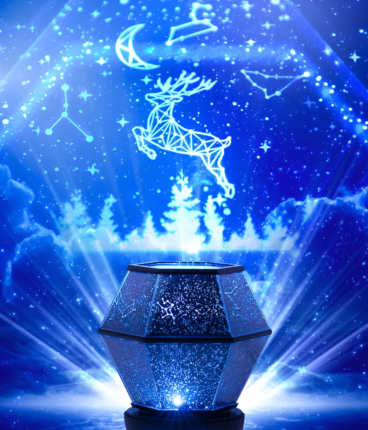 Children's rotating star night light showing three colour LED illumination in bedroom setting