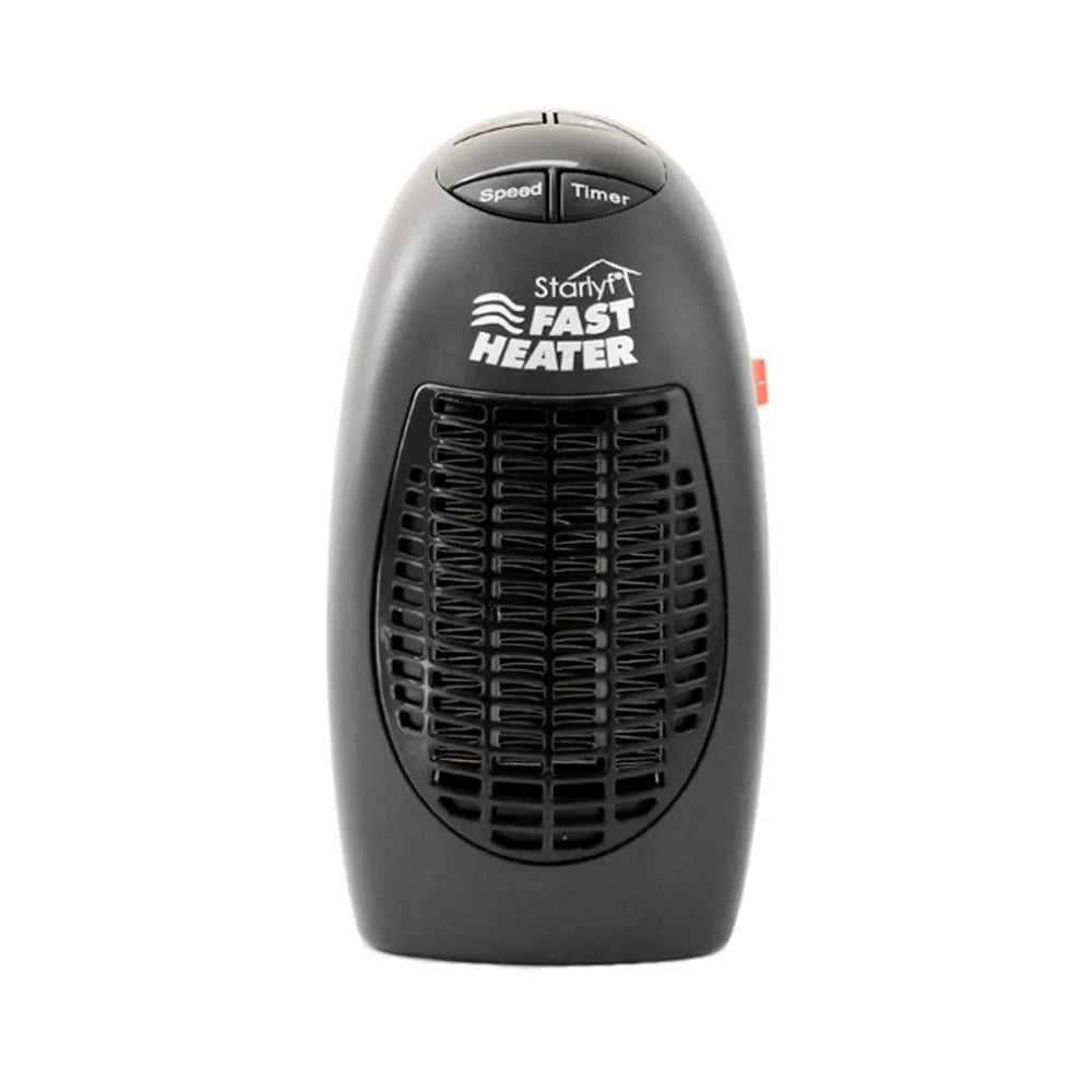 Black compact ceramic electric heater with digital display and a rotating three-prong plug.