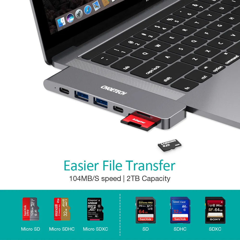 Aluminium alloy USB-C hub adapter with SD card reader, HDMI, USB 3.0 ports and Power Delivery charging