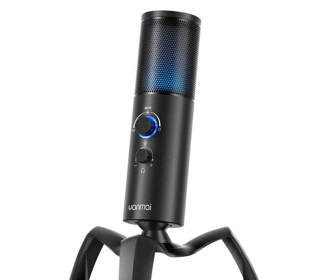 Black Q18 USB condenser microphone with RGB lighting on adjustable tripod mount