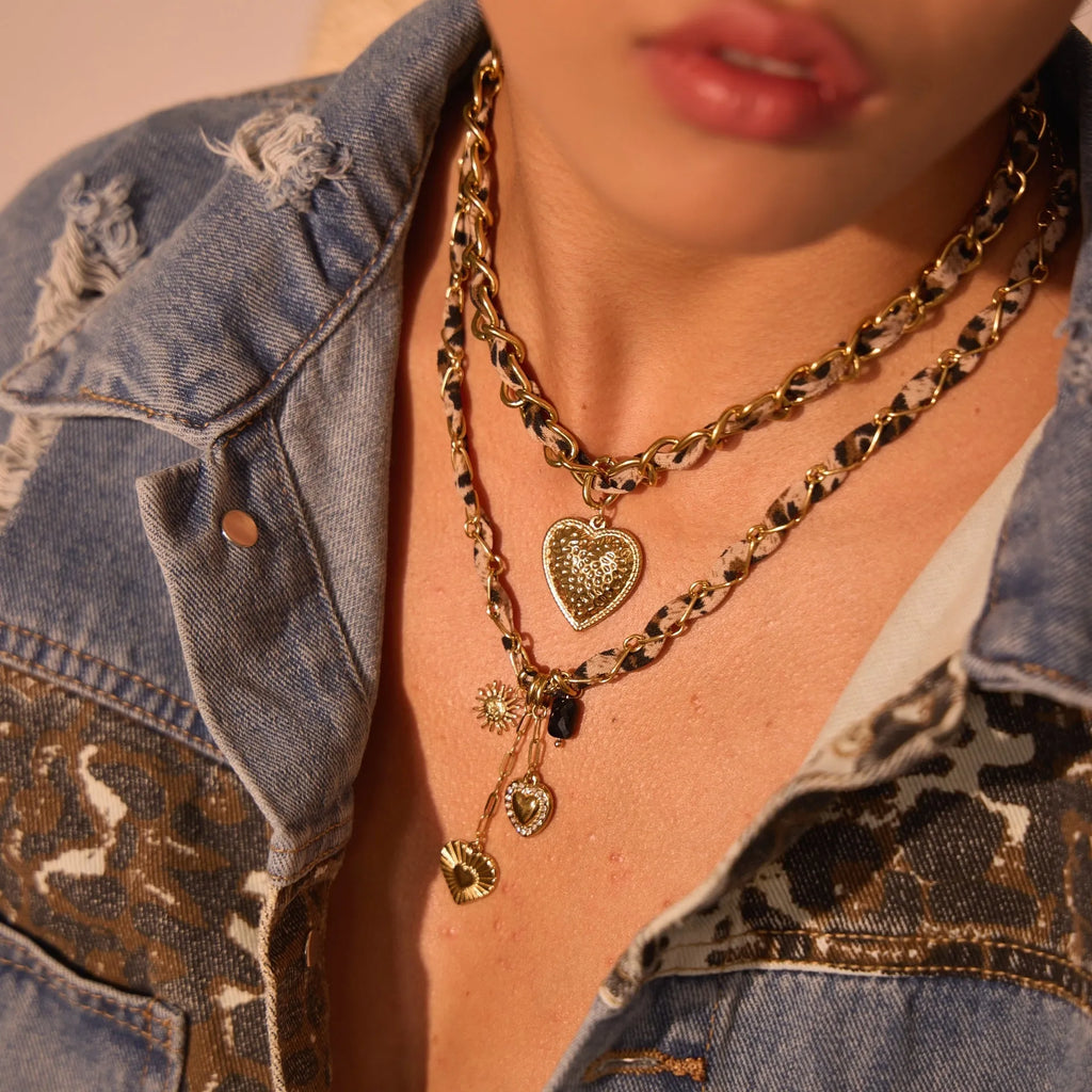 Stainless steel necklace with 18K gold electroplated leopard love pendant on adjustable 41-50cm chain