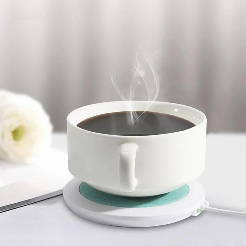 USB heated coaster with PU leather surface in black, blue, and orange colours for drink warming