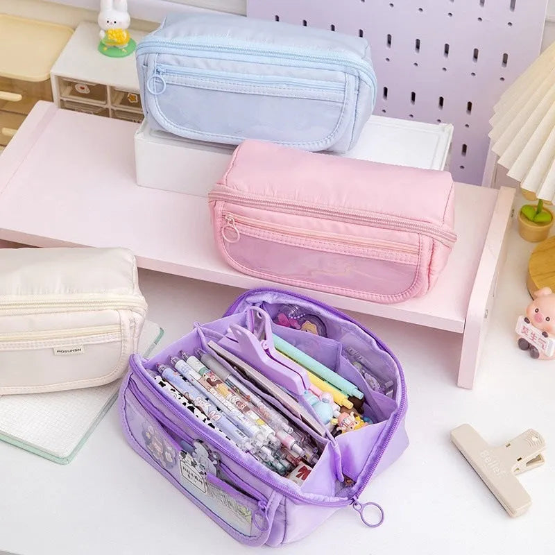 Ten-layer flip canvas pencil case in Korean style with six colour options including girl pink and space blue