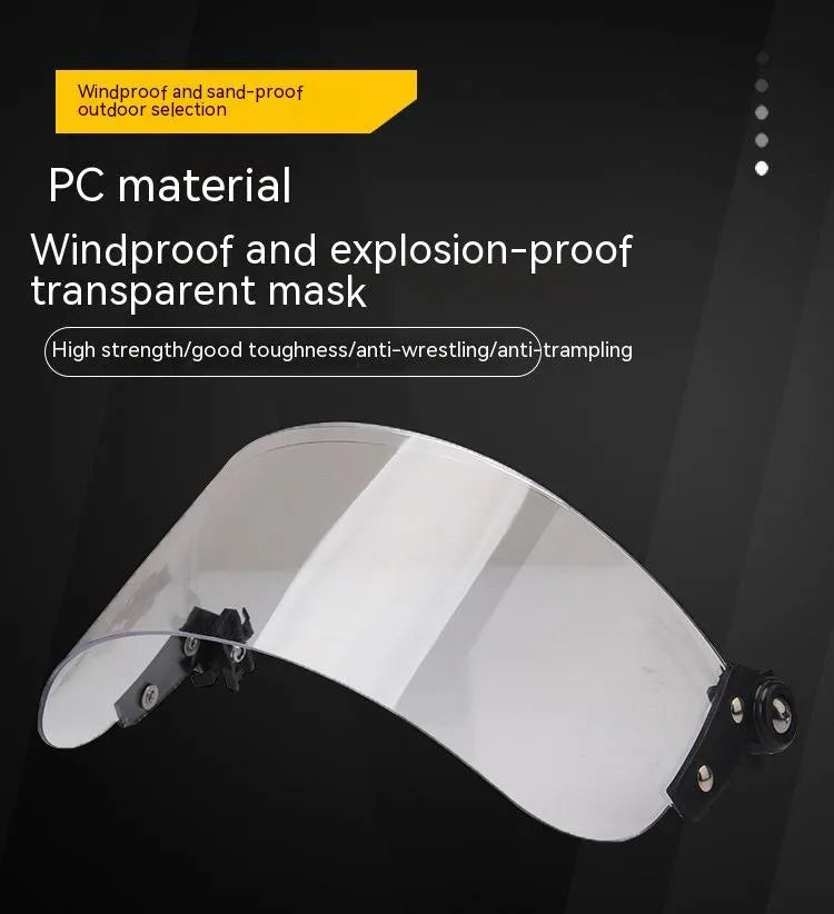 Transparent PC guide rail helmet mask with semi-rimless design measuring 30 by 15 cm