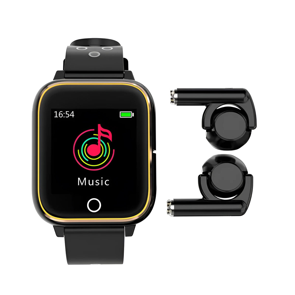 Black smartwatch bracelet with removable Bluetooth earbuds showing 1.4 inch screen displaying heart rate and time