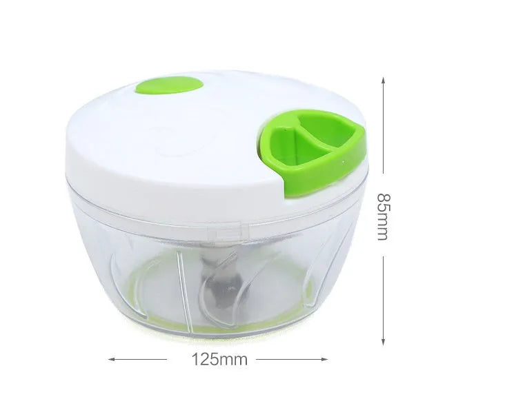 Manual kitchen chopper with stainless steel blades and green ABS plastic bowl
