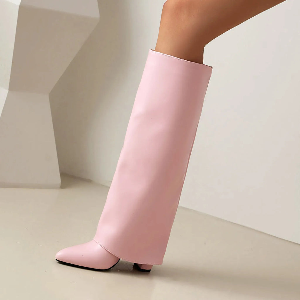 Women's black plus size thick high heel boots with sewing line detail and high cylinder design