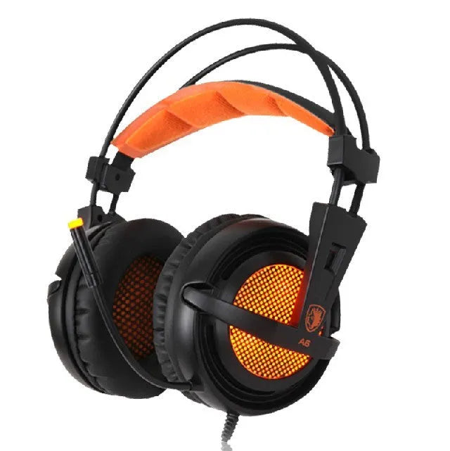Black and white USB gaming headset with LED lights on ear cups, showing padded headband and ear cushions.
