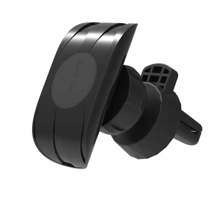 Black car phone holder clipped to car air vent with adjustable arms gripping a smartphone