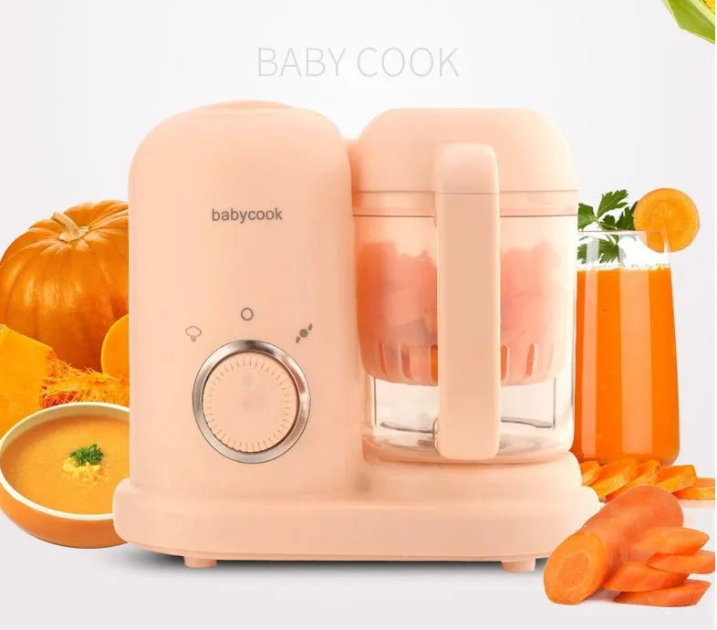 Green baby food processor with steamer and blender functions showing control panel and processing bowl