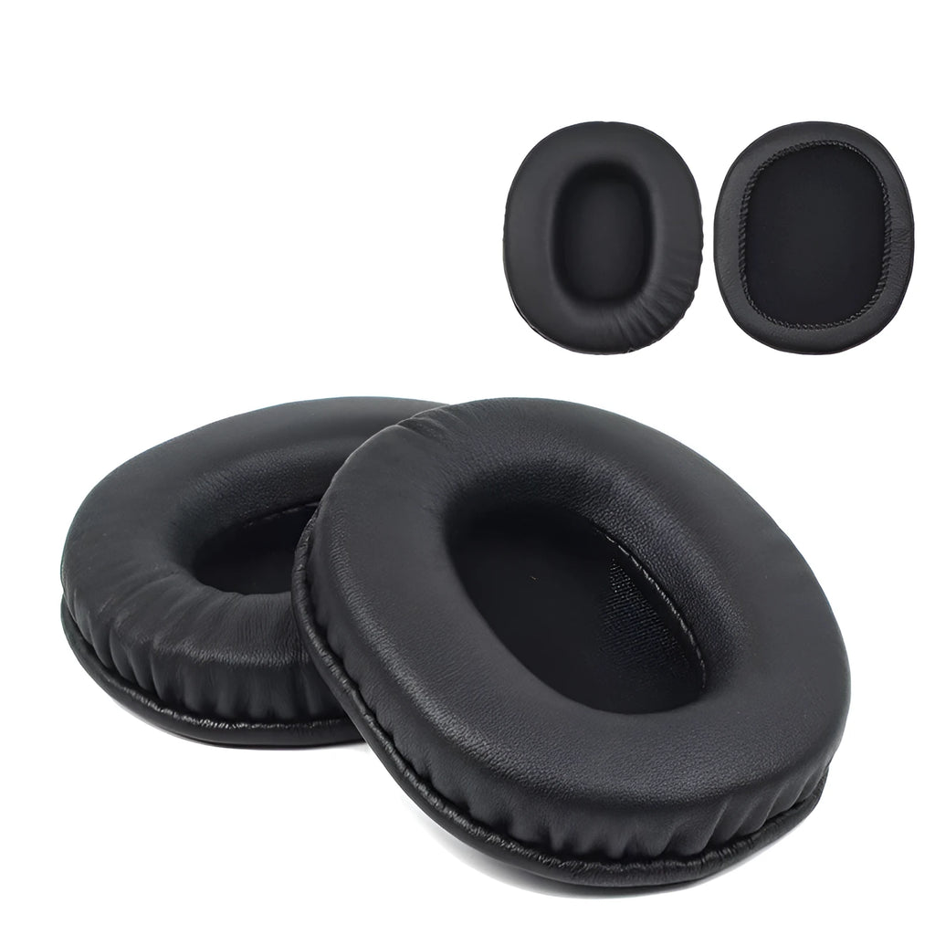 Black soft PU leather headphone cover for Sony MDR-1R headphones on a grey background.