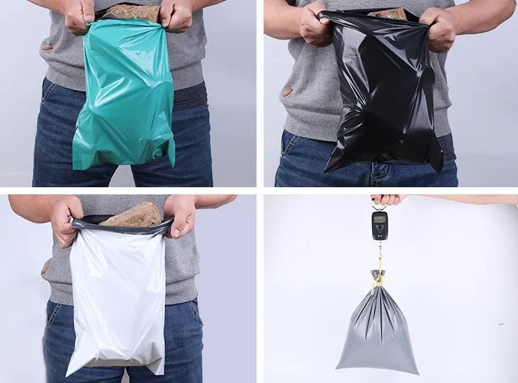 Clear plastic courier bag for clothing with self-adhesive sticker seal, shown in multiple sizes.