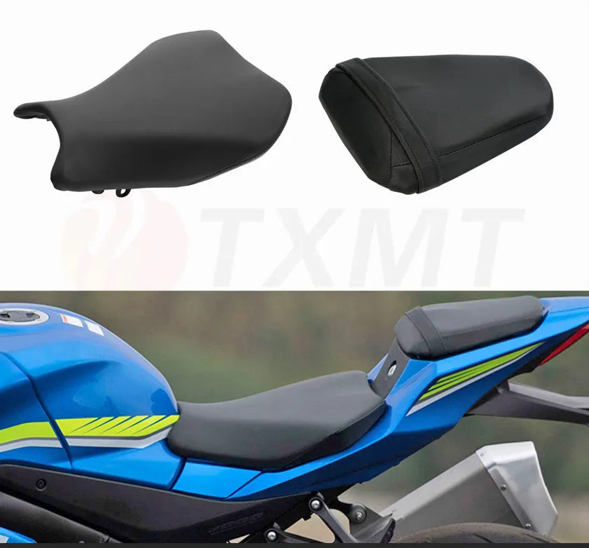 Suzuki GSXR1000 motorcycle with black PU leather seat covers on both front and rear seats.