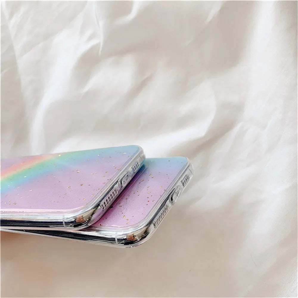 Rainbow gradient striped TPU phone case for iPhone models with Japanese-inspired design