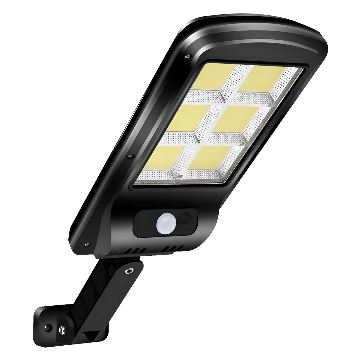 Black outdoor solar motion sensor security light mounted on a wall or fence post.