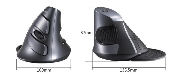 Wireless vertical ergonomic mouse in black with USB receiver showing handshake grip position