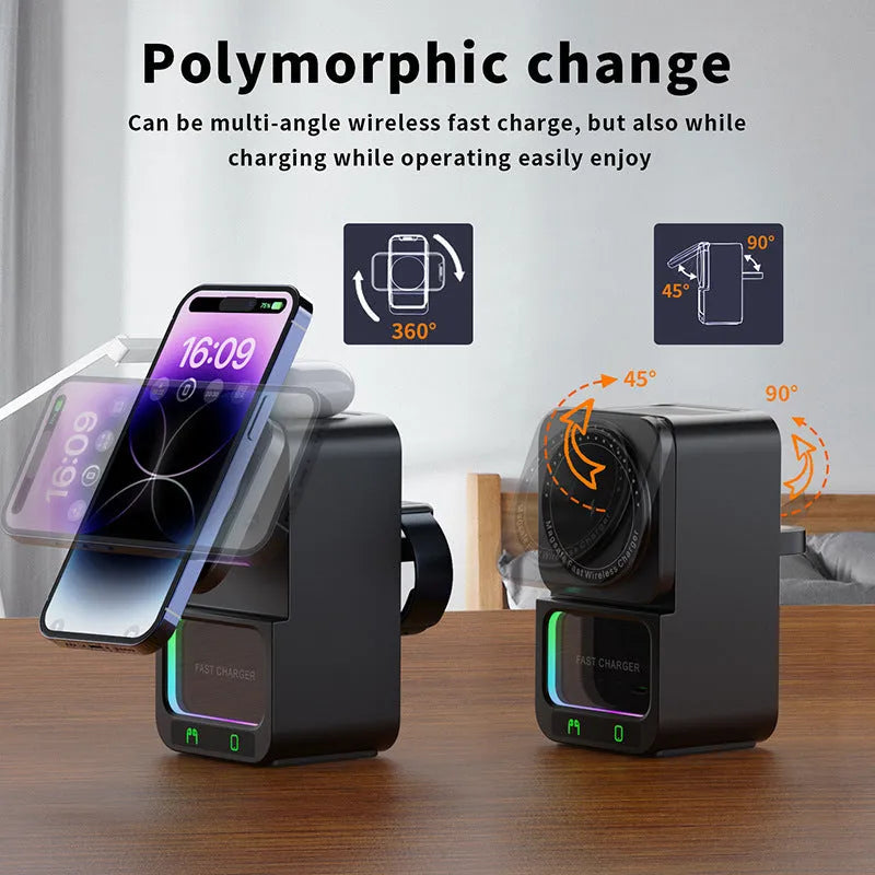 White Bluetooth speaker with integrated wireless charging surface showing phone placement